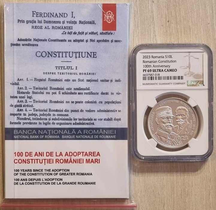 Moneda BNR 10 lei argint, Constitutia Romaniei Mari, gradata NGC PF 69