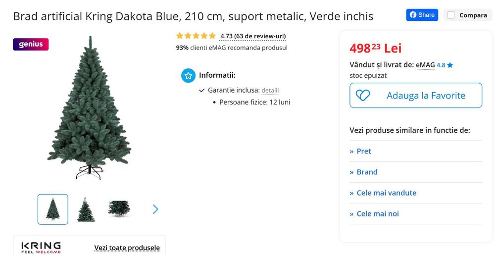 Brad verde artificial superb Kring, ca nou, 210 cm, suport metalic