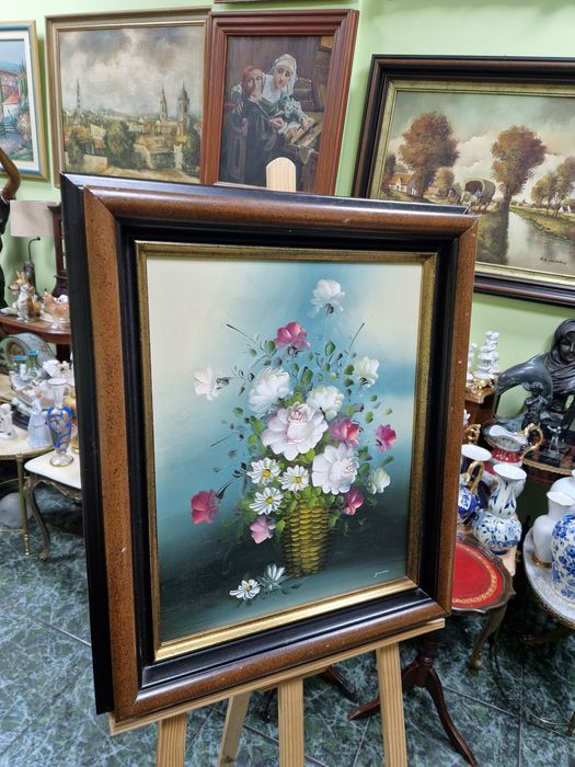 Прекрасна антикварна авторска картина масло платно натюрморт