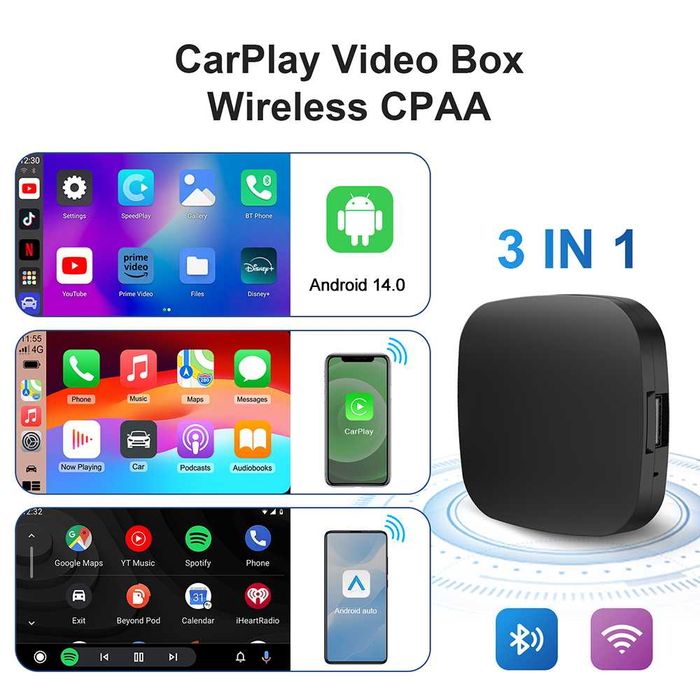 Безжичен CarPlay & Android Auto AI Car Video Box – YouTube, Netflix, Android 13 за Кола