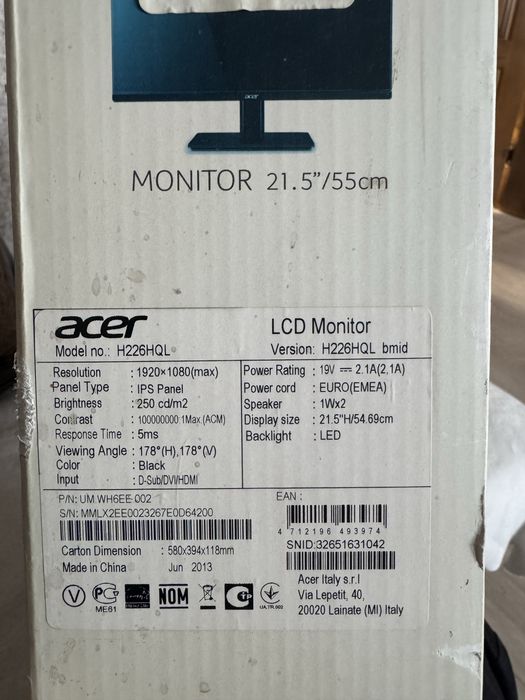 Монитор acer 21.5”/55 cm, full hd led