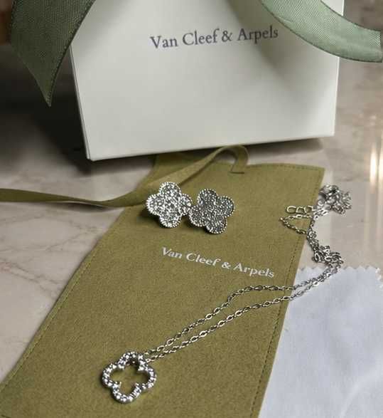 комплект колие и обеци с клипс van cleef ван клиф сребристи неръждаема стомана с цирконии камъни сет комплект