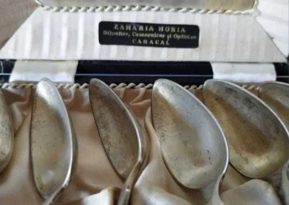 Set 6 lingurite argint masiv 12, plus cutie, romania .