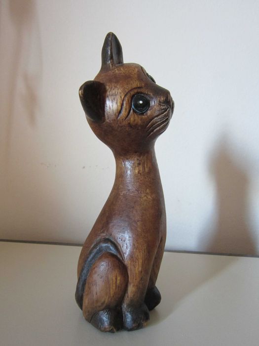 cadou rar sculptura lemn pisica ochi albastrii colectie Germania 1970