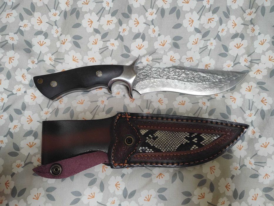 Cutit Thai din otel Damasc, garda la maner, teaca cu model, piele eco