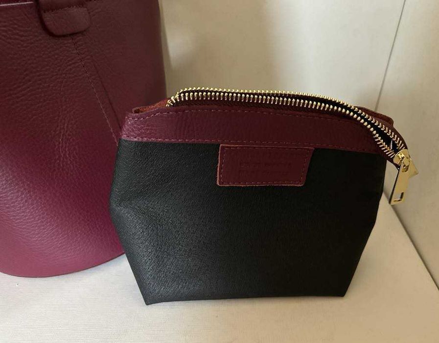 Елегантна малка чанта с копринен шал, 100% естествена кожа, Италия