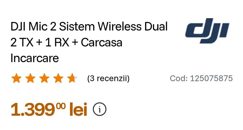 Vând DJI Mic 2 Sistem Wireless Dual
2 TX + 1 RX + Carcasa
Incarcare