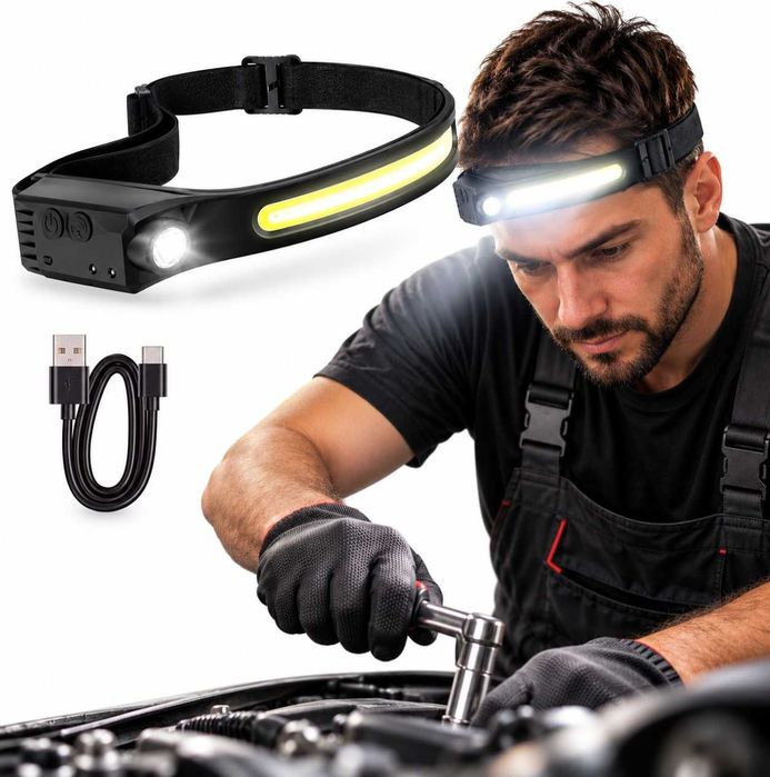 Lanterna de cap LED profesionala cu 3 benzi si senzor de miscare USB