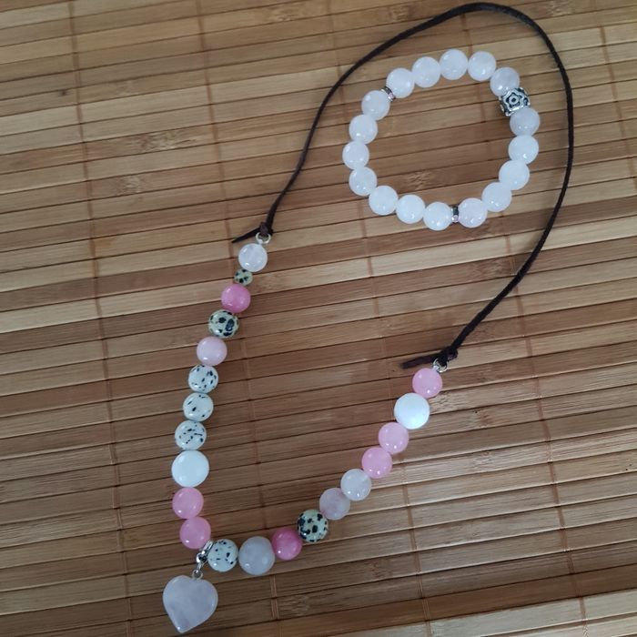 Комплект колие с гривна от розов кварц и яспис