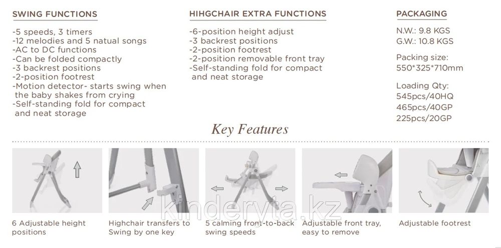 Стульчик для кормления Maribel 3в1 шезлонг - качели / Новое в коробке!