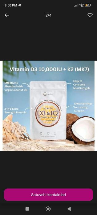 Vitamin d3 k2,10.000 iu,+ 200 mcg,300 softgel,Kokos yogi bilan