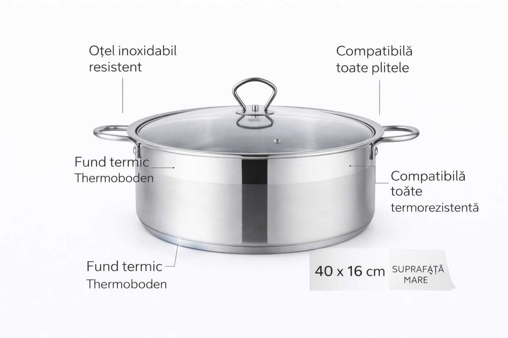 Oala inox joasa cu capac sticla Royalty Line 40 x 16 cm