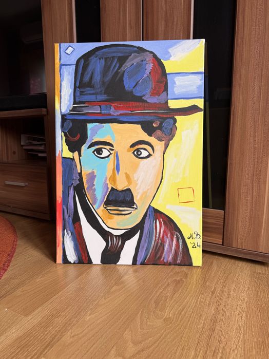 Tablou modern Charlie Chaplin pictat manual – acrilic pe panza
