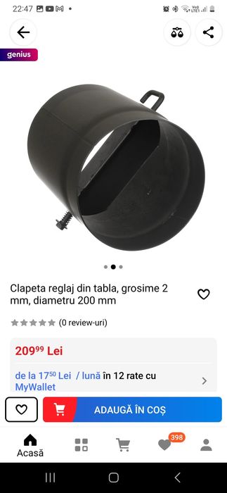 Clapeta reglaj cos fum de 200 mm