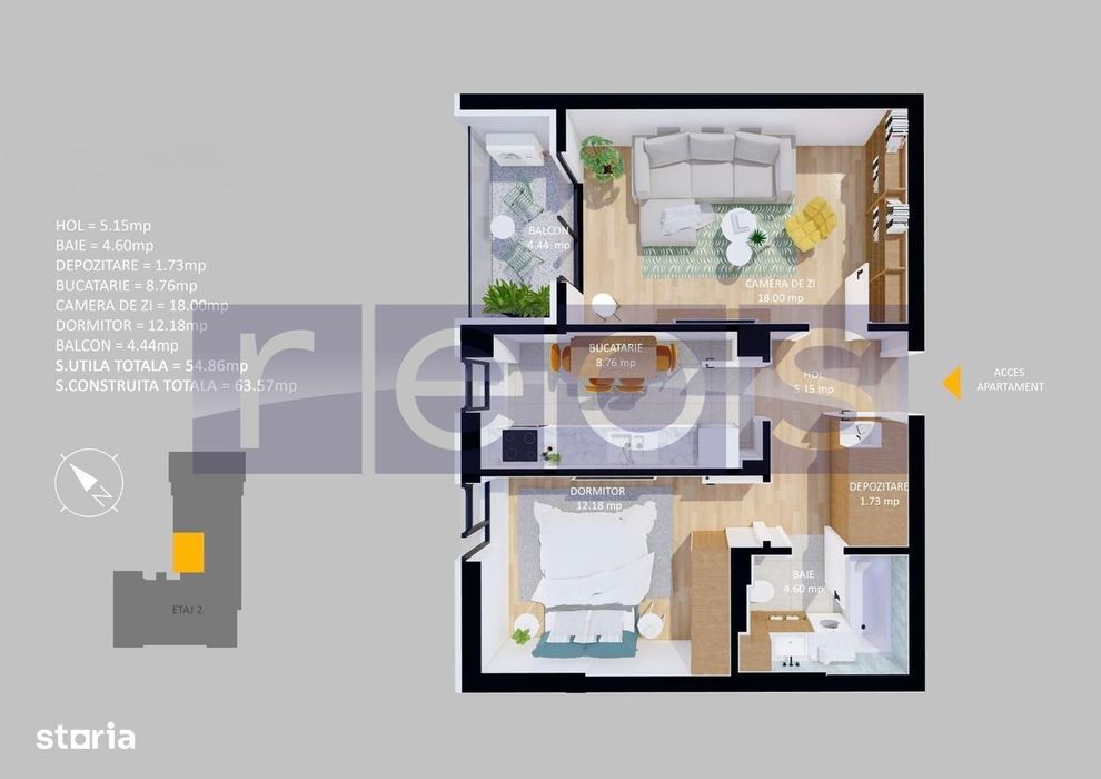 Vanzare Apartament La Cheie-Mobilat | 2 Camere | 55Mp | Terasa-Parcare