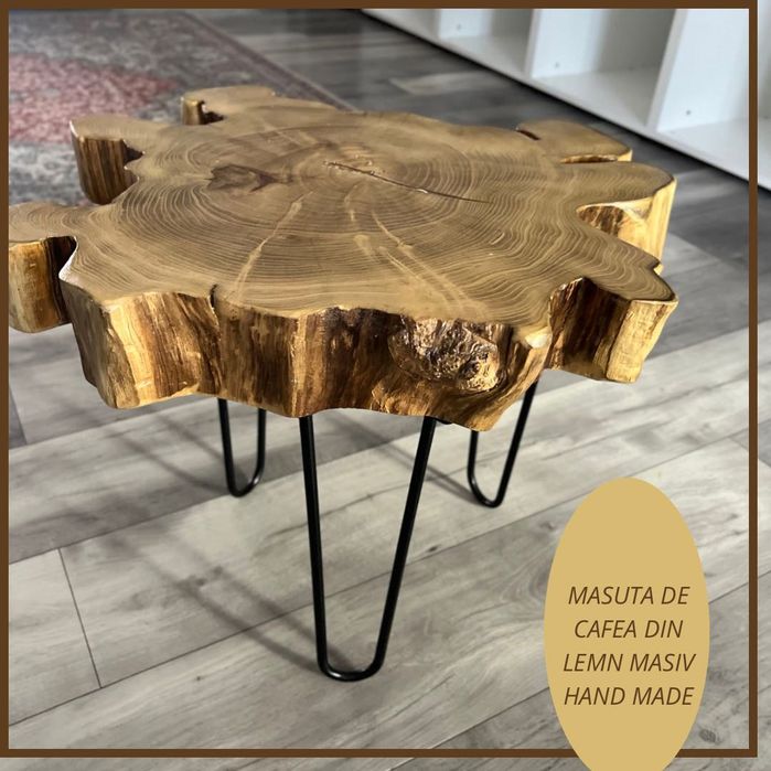 Masă cu blat de lemn masiv,picioare metalice hand made