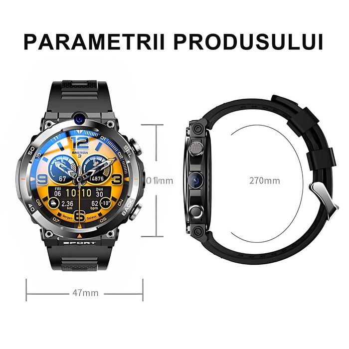 Ceas Smartwatch 4G LTE SIM Watch Phone , Apel Video, Navigatie GPS, WiFi Camera 3-7 Mpx, Sistem Operarare Android 9.0, Aplicatii Sociale
