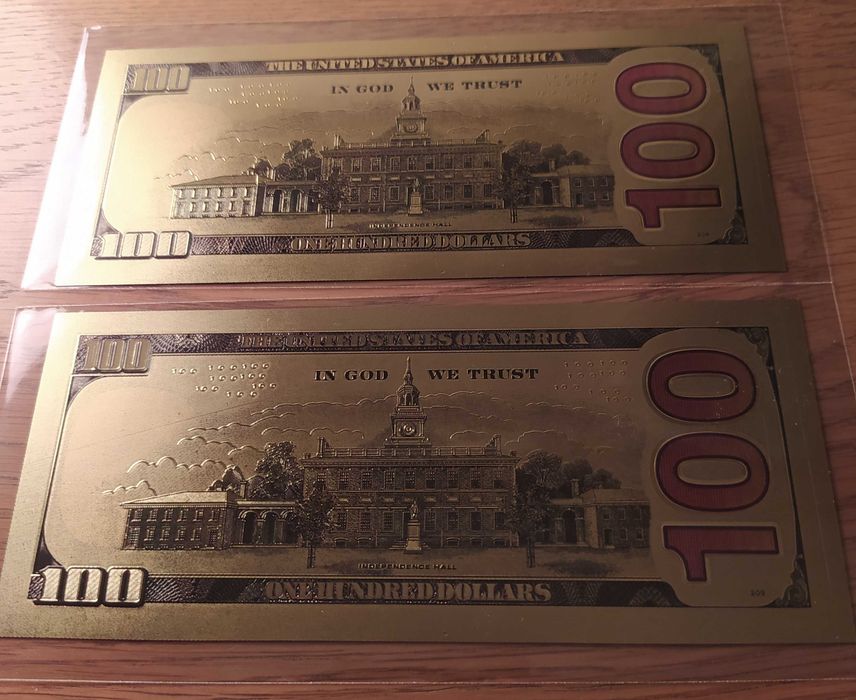 Лот от 5 бр. 100 долара-позлатени,сувенирни,пластични,релефни банкноти