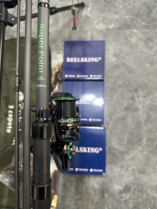 Set pescuit crap complet – 3 lansete Robinhan 3.90m + mulinete Reelsking TM10000 + Rod Pod Robinhan
