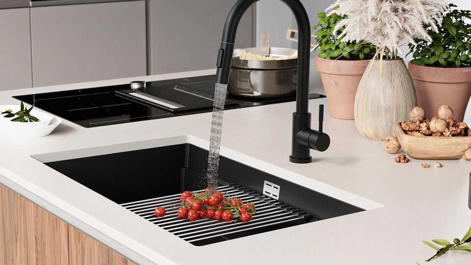 Черна гранитна мивка за монтаж под плот Прага 80 Step Level 560 x 470