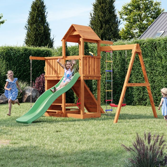 Fungoo ACTIVER дървена детска площадка с пързалка и люлки