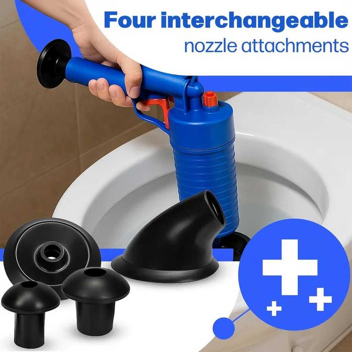 Pistol profesional cu presiune pentru desfundat tevi si WC 4 ventuze