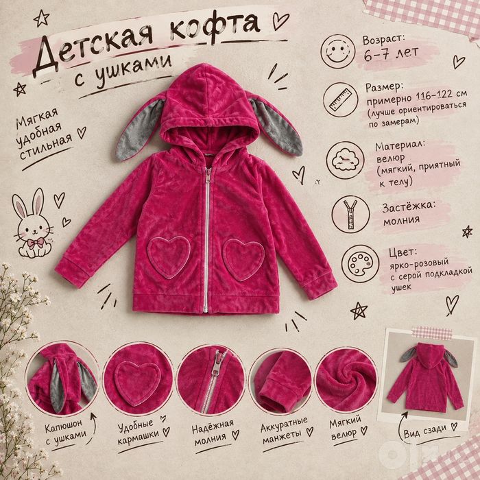 Детская кофта с капюшоном и ушками, 6–7 лет