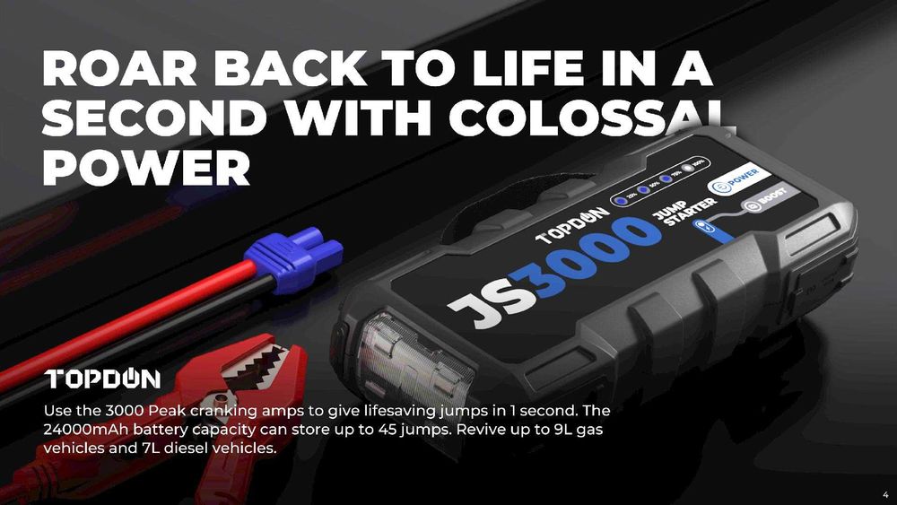 Jump Starter TopDon JS3000, за двигатели до 9L, вградена LED светлина