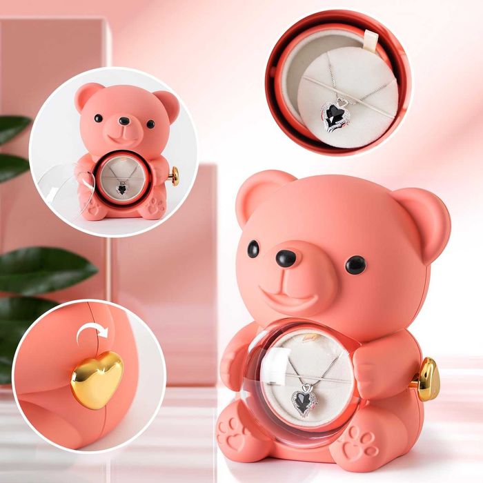 Подаръчна кутия мече с вечна роза сребърно колие сърце картичка 6 вида