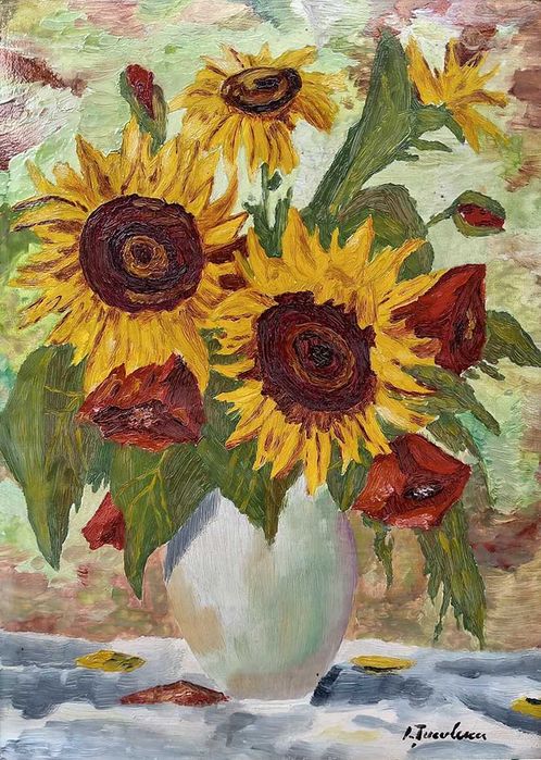 Tablou vechi - floare soarelui si maci - semnat I. Tuculescu