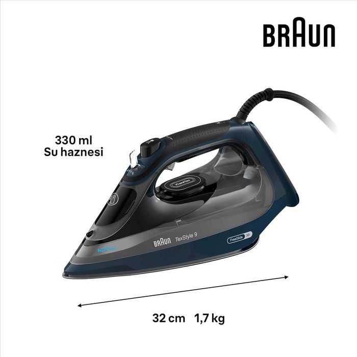 Ютия Braun TexStyle 9 SI9682DB, 0127409002, 3200 W, Променлива пара 60 гр/мин, Парна струя 260 гр/мин, Резервоар 330 мл, FreeGlide 3D технология