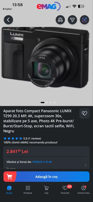 Aparat foto Compact Panasonic LUMIX TZ99 20.3 MP, 4K noua ! 0 cadre!