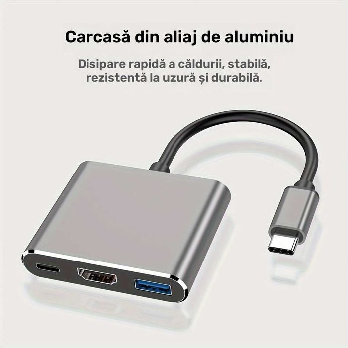 3in1 adaptor USB-C la HDMI 4K + USB 3.0 + USB-C pentru telefon laptop