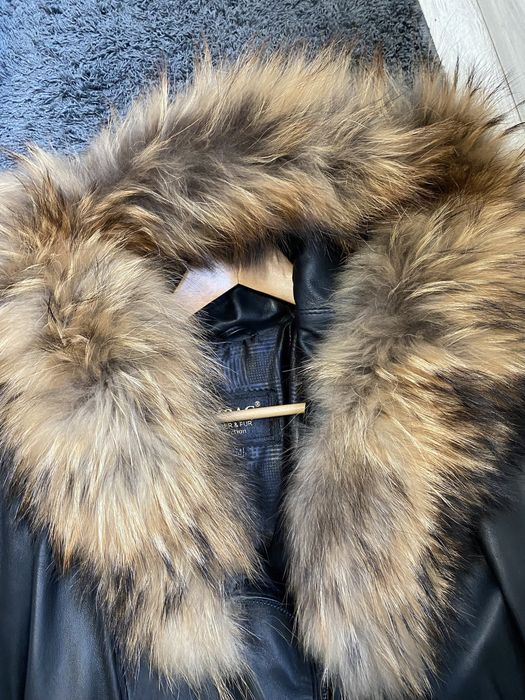 Дамско яке естествена кожа и естествен пух с качулка