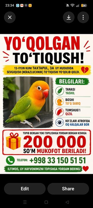 Nerazluchnik yoʻqoldi kim topsa 200 000 mukofoti