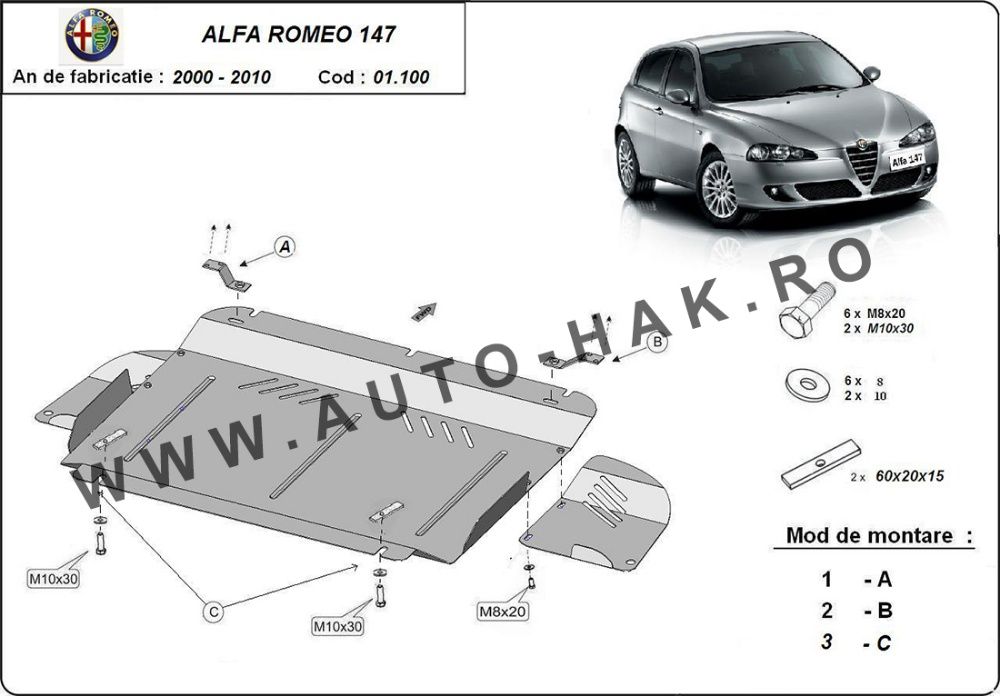Scut motor metalic Alfa Romeo 147 2000 pana in 2010 - otel 2mm