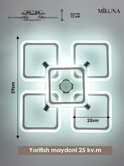 Lyustra LED musiqali, pultli, uy,zal,bolalar xonasi ofis uchun qandil.