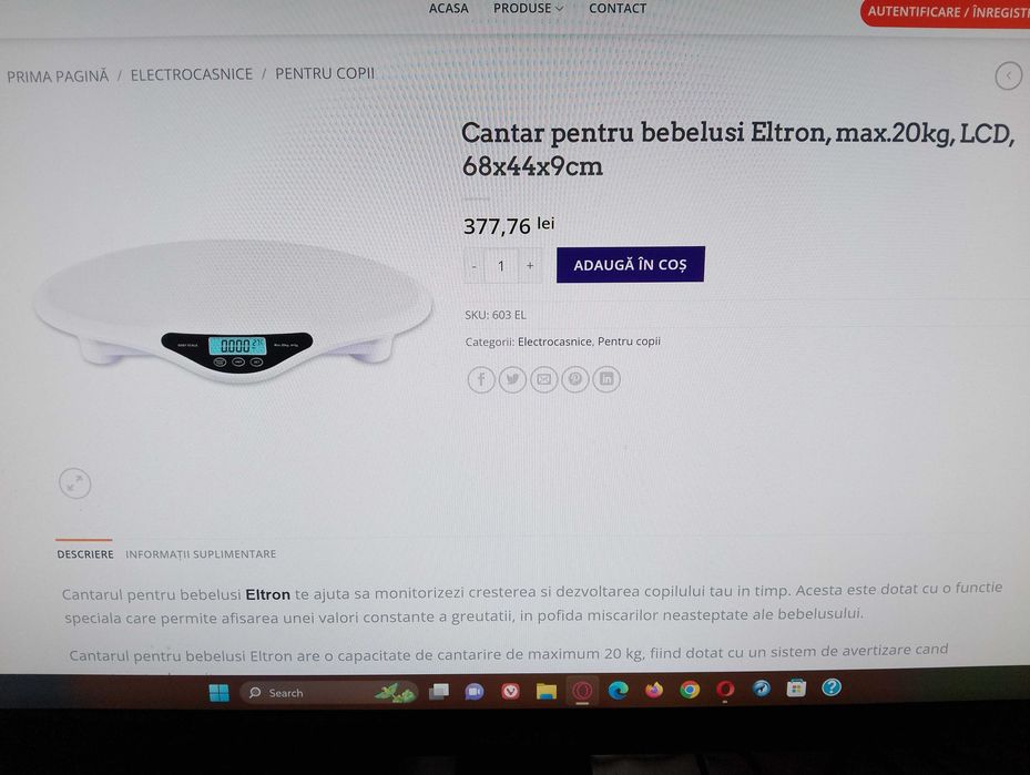 Cantar pentru bebelusi Eltron, max.20kg, LCD, 68x44x9cm