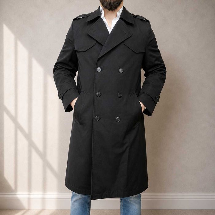 Palton trench militar negru barbati, dublu rând, căptușeală carouri, stil premium, marime L