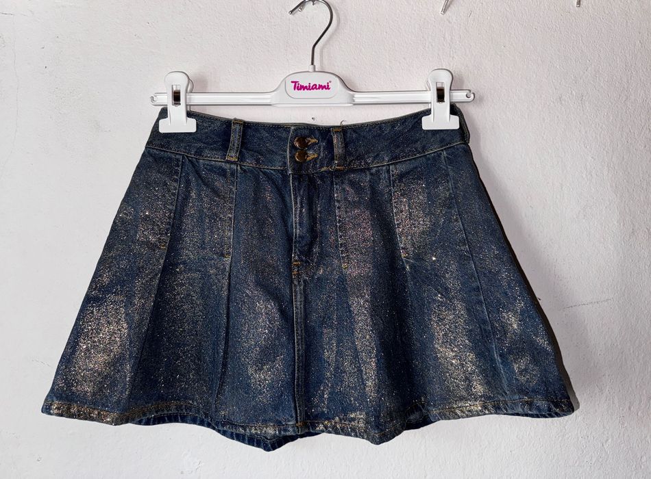 Мини дънкова пола ZARA с плисета и златен блясък