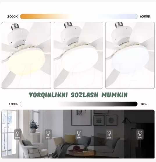 Ventilyatorli LED lyustra, pultli, 4 xil aylanish rejimi