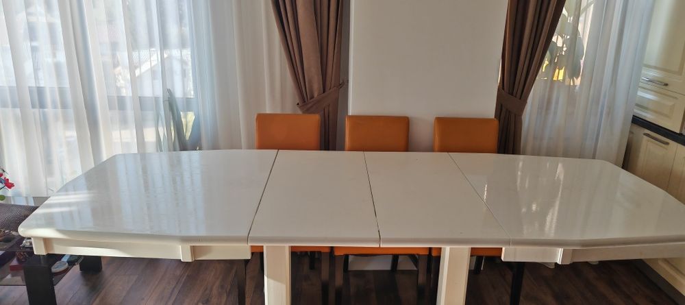Masă living/bucătărie extensibilă albă (lemn masiv + MDF) 1.70m - 2.60m