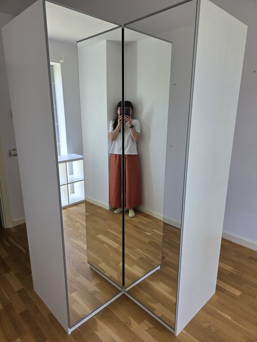 Dulap de colt IKEA Pax, alb cu 2 usi oglinda, 110x110x201 cm