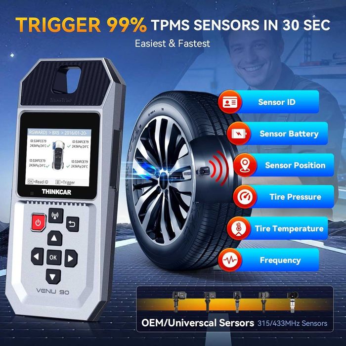 Диагностичен инструмент THINKTPMS VENU90 TPMS OBD2, активиране/четене