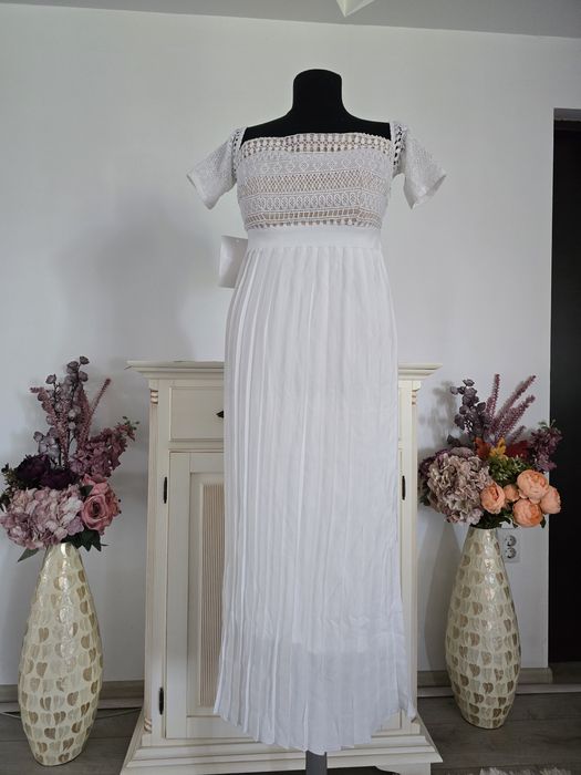 Rochie maxi cu broderie, maneci brodate ,plisata, feminina ,