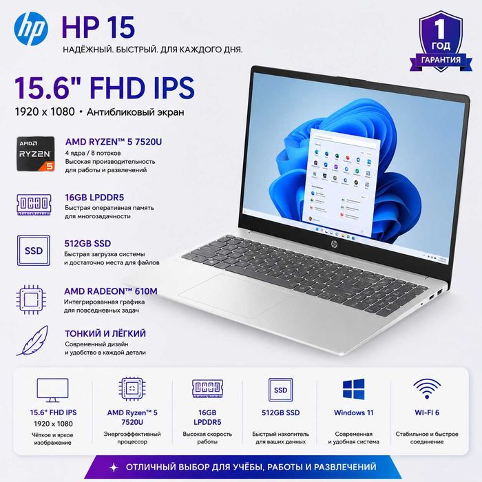 HP 15 / AMD Ryzen 5 / 16GB / 512GB SSD / Windows 11 / Гарантия 1 год
