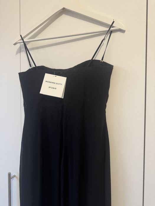 Rochie de gală lungă neagră din voal șliț în față Massimo Dutti Studio
