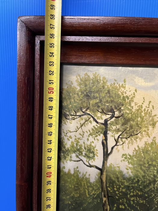 Стара картина/1946 г./-Селски пейзаж с маслени бои на дърво