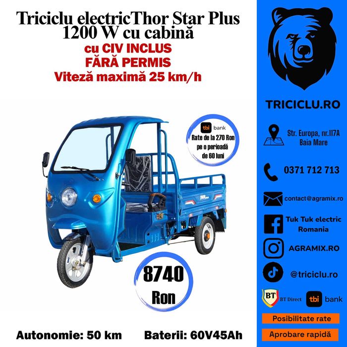 THOR STAR-PLUS albastru triciclu electric cu CIV,FARA PERMIS Agramix