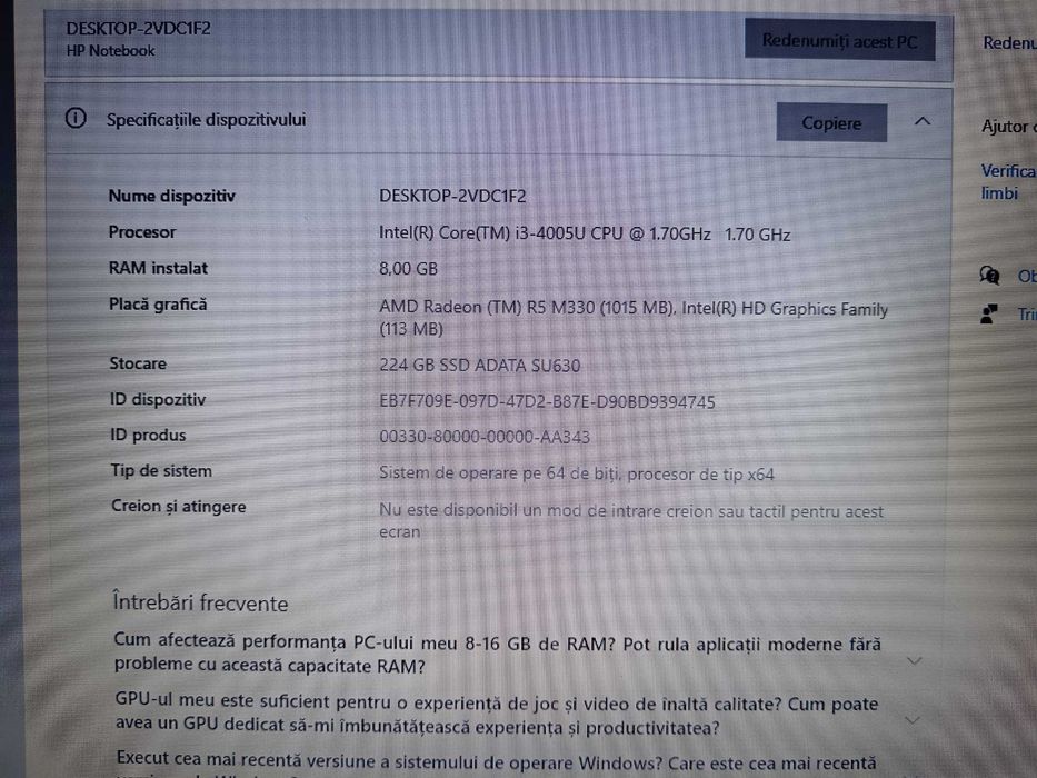 Laptop HP  – i3 4005U/8GB RAM/SSD 240GB/Radeon R5 M330/Win10